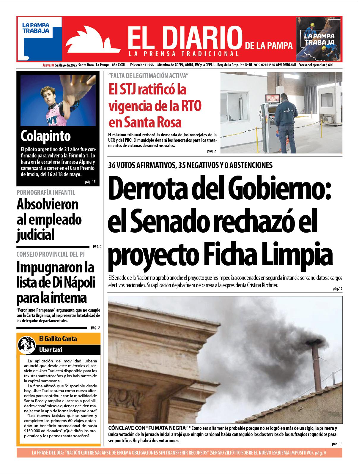 Tapa de El Diario en papel  jueves 08 de mayo de 2025